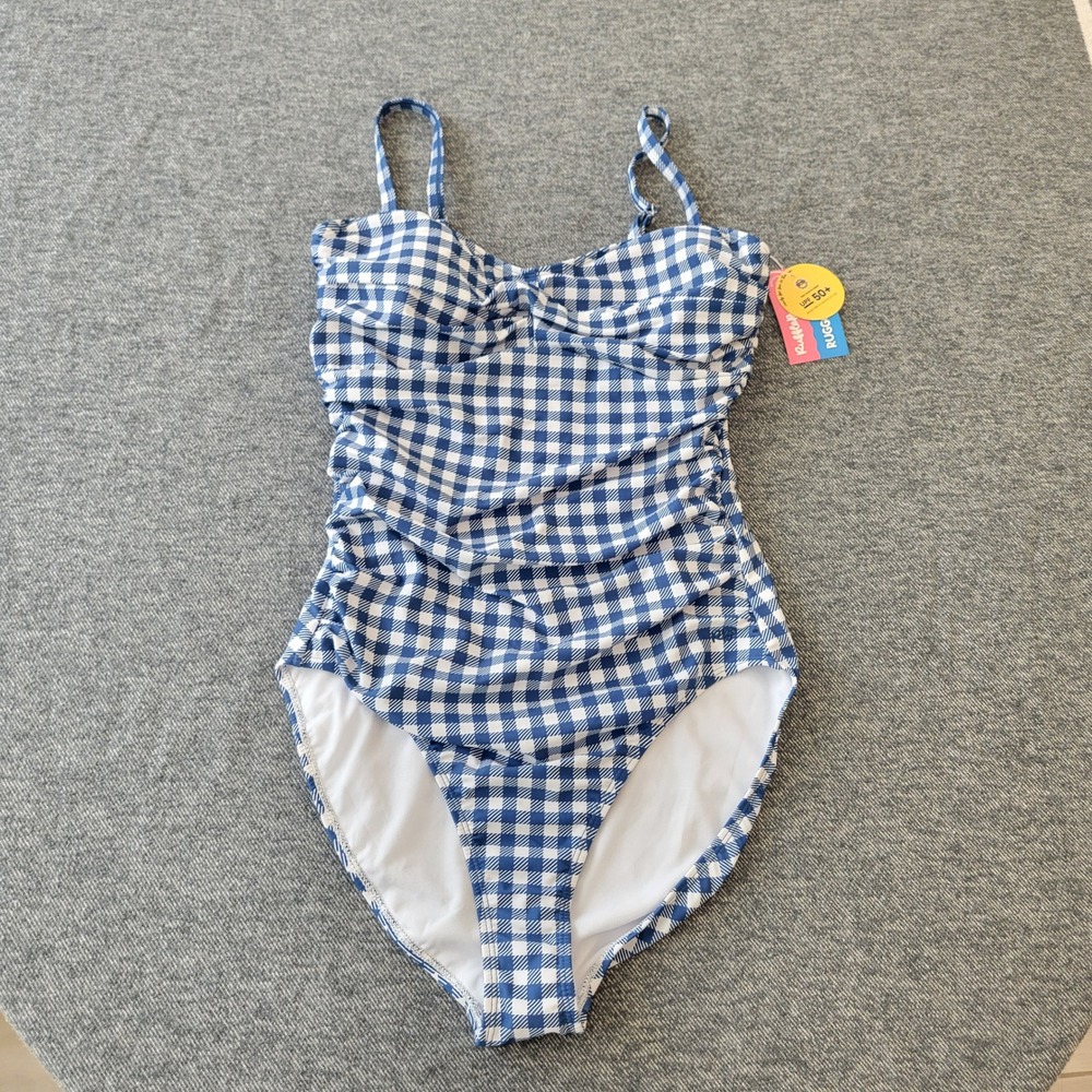 RuffleButts One Piece Swimsuit Women L Blue Gingham NWT Convertible UPF 50
